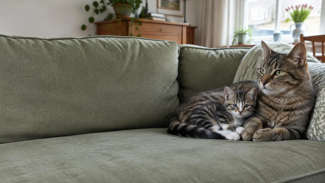 Een tabby kat met een kitten op een groene bank