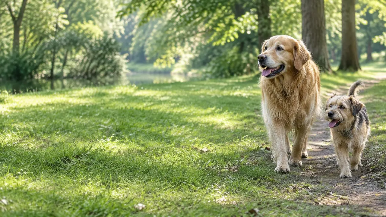 Golden retriever en terriër tijdens een wandeling in het park