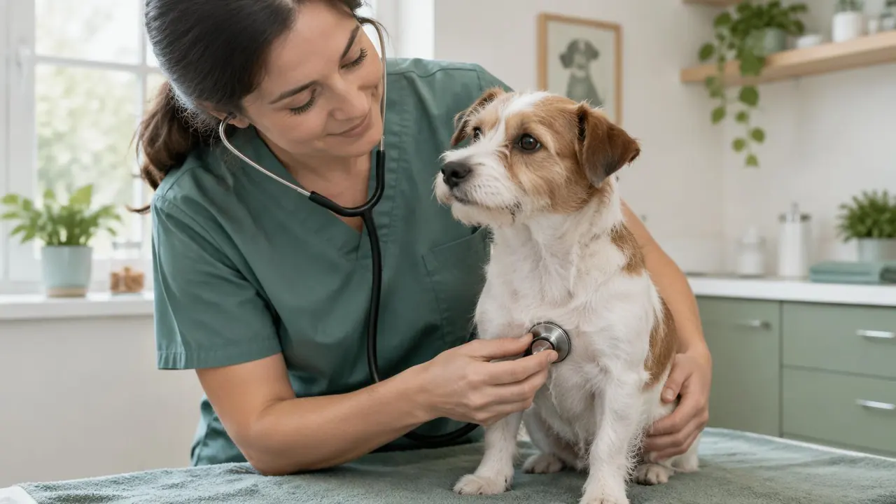 Een dierenarts onderzoekt een rustige terriër met een stethoscoop
