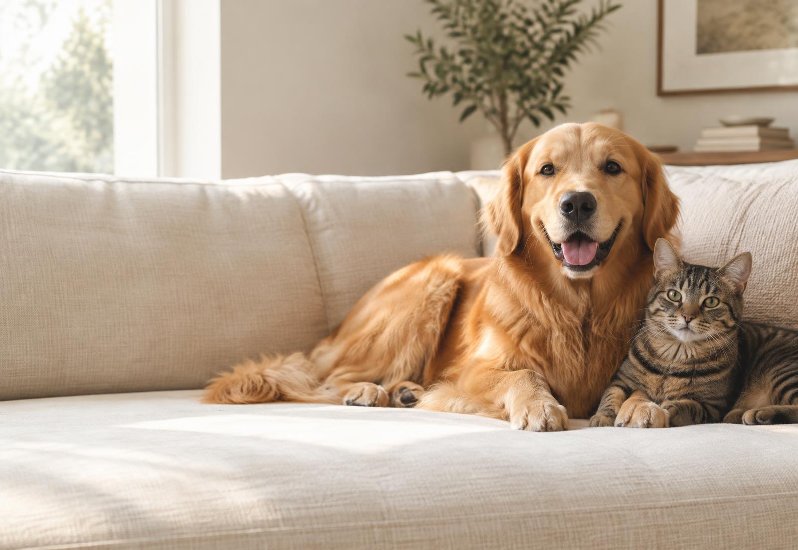 Golden retriever en kat samen op de bank
